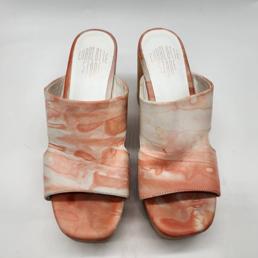 Charlotte Stone Nina Marbled Leather Platform Sandals Women's 9 Orange Wood Heel - Picture 3 of 13